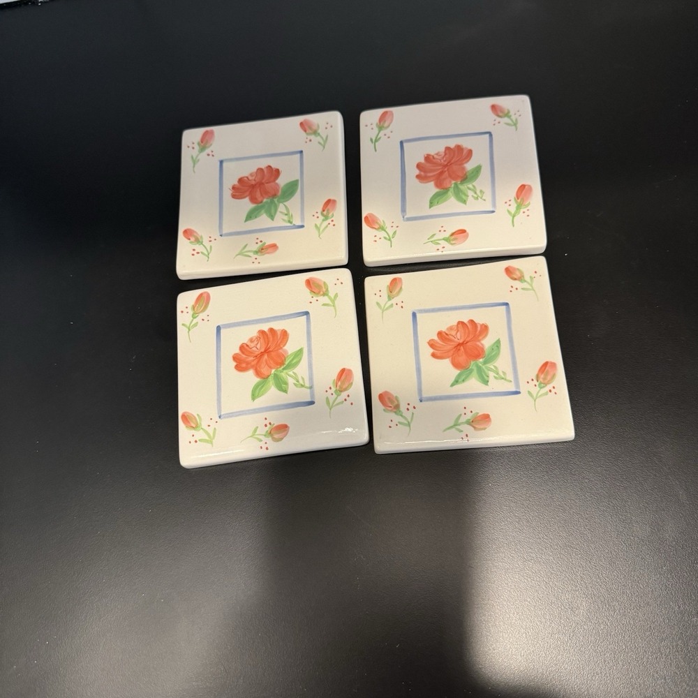 Set of 4‎ Whittard of Chelsea Ceramic Tile Coasters English Rose Floral 4x4